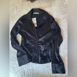 Zara Black Satin Blouse with Ruched Front & Buttons